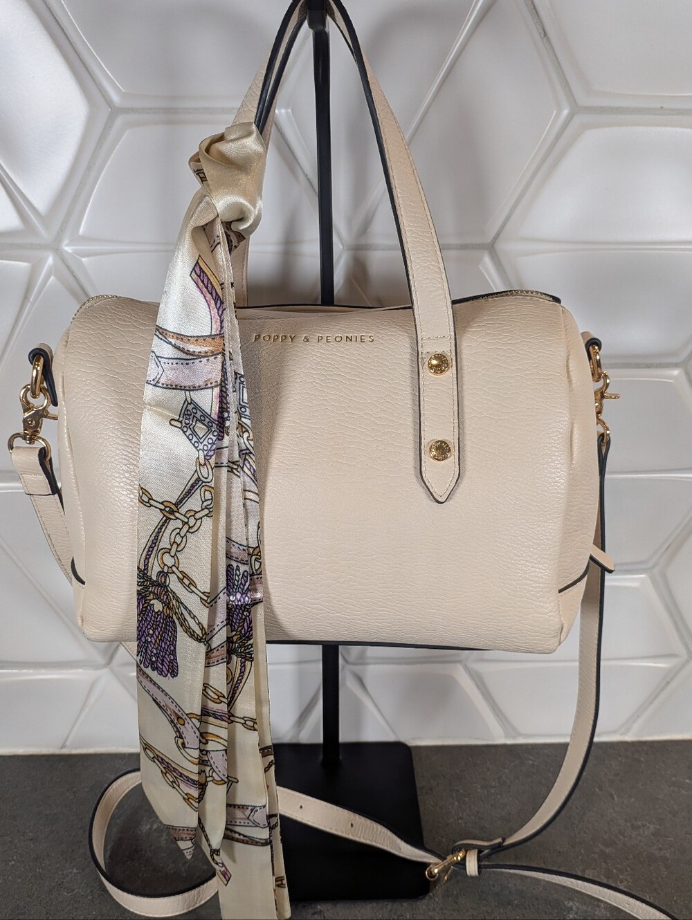 Poppy & Peonies Satchel Crossbody Vegan Leather Handbag + Scarf Cream